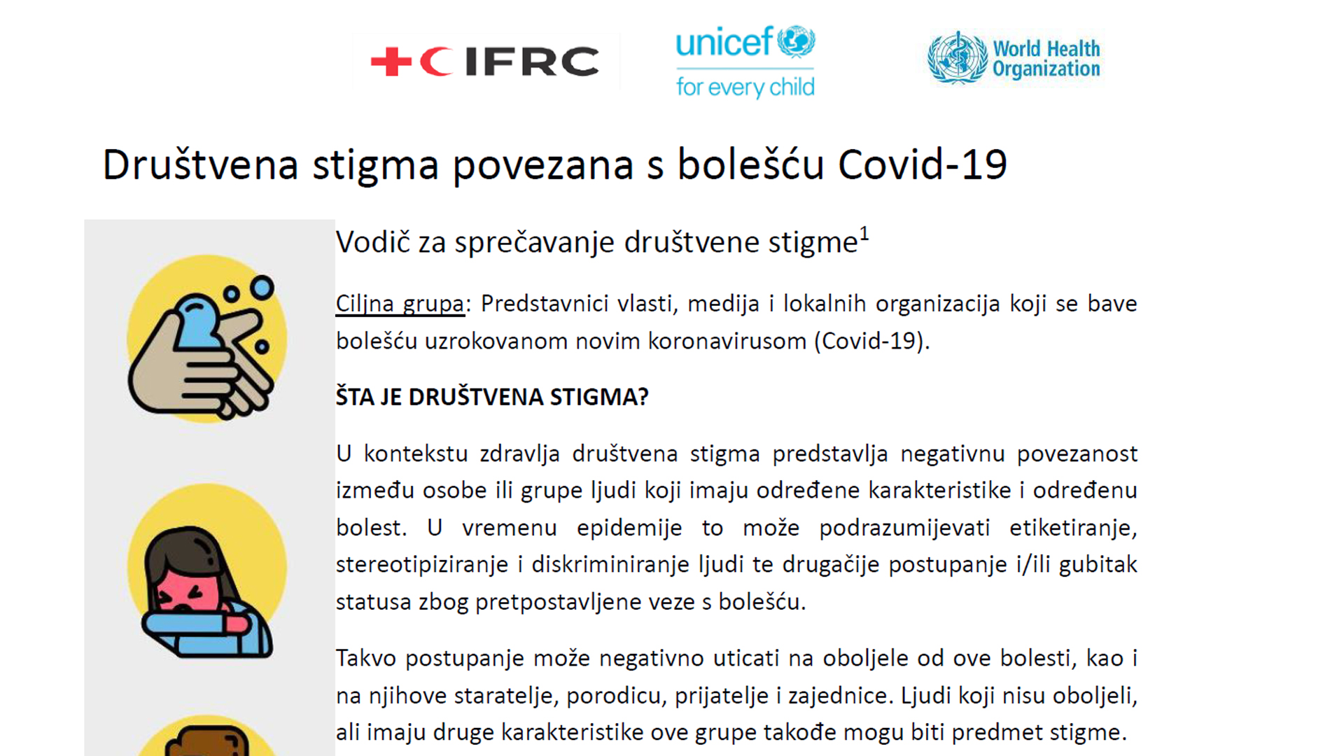 SZO, UNICEF i CRVENI KRST/KRIŽ: “Društvena stigma povezana s bolešću COVID-19”